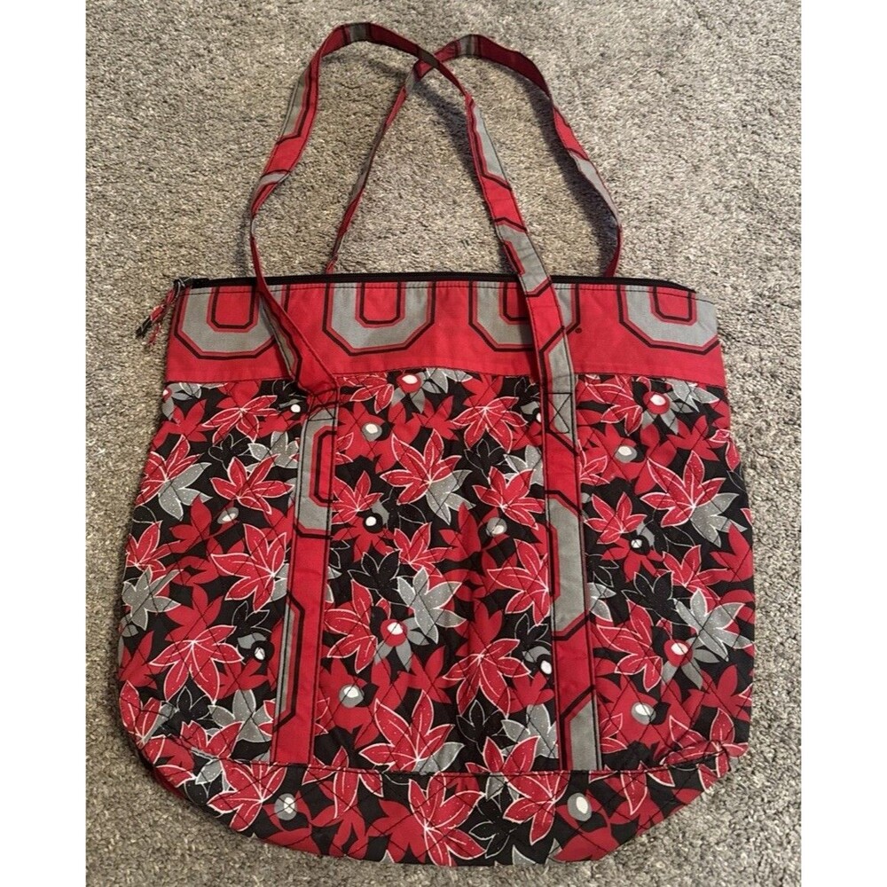 Ohio State tote bag 16x14” Cloth Buckeyes Leaves Print Red Grey Black Pockets